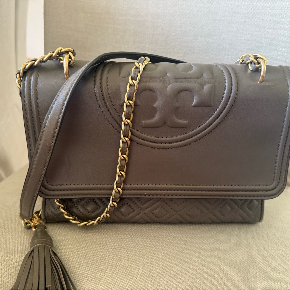 Tory Burch Taupe Leather Crossbody Bag with Gold Chain